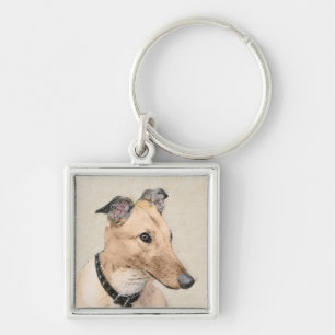 Greyhound Painting - Cute Original Hund Art Fyrkantig Silverfärgad Nyckelring