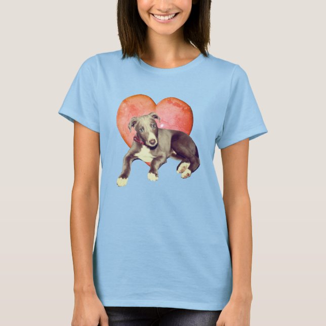 Greyhound Puppy and Rosa Heart T Shirt (Framsida)