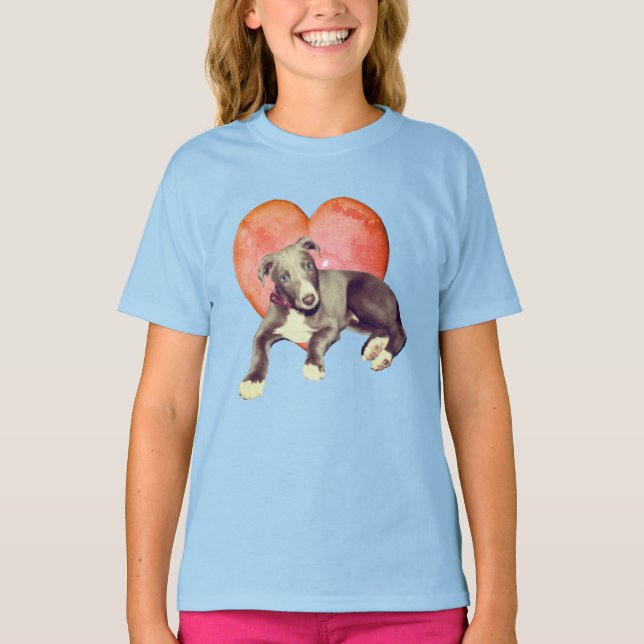 Greyhound Puppy and Rosa Heart  T Shirt (Framsida)
