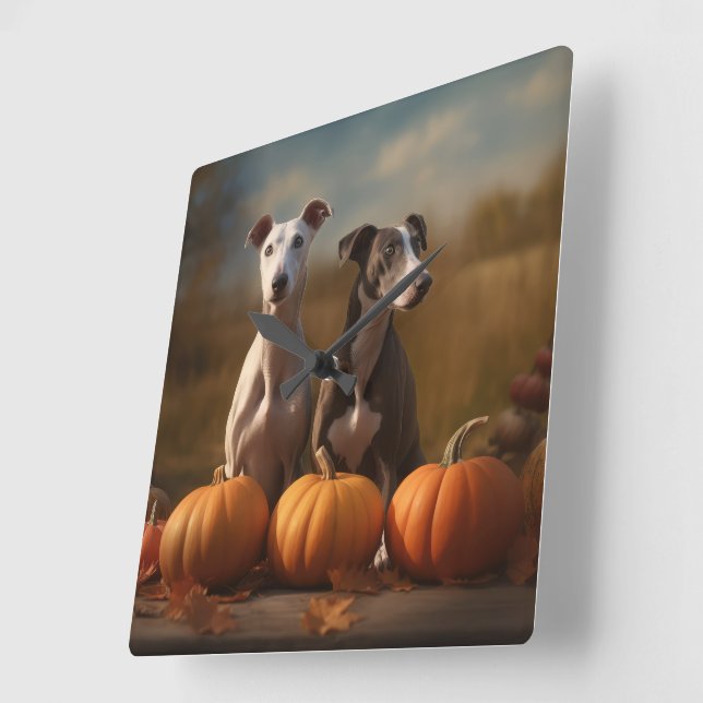 Greyhound Puppy Autumn Delight Pumpkin Fyrkantig Klocka (Vinkel)