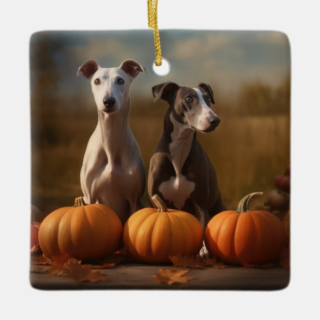 Greyhound Puppy Autumn Delight Pumpkin Julgransprydnad Keramik (Framsida)