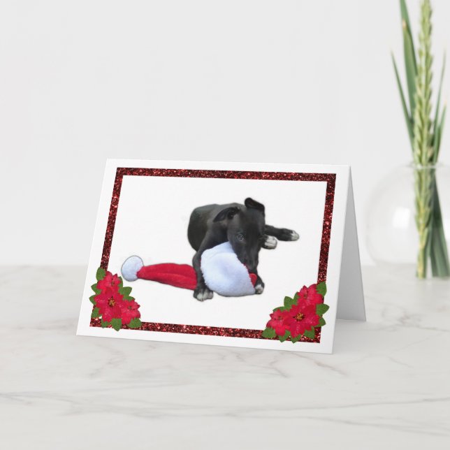 Greyhound Puppy Chewing Santa Hat jul Helgkort (Framsida)
