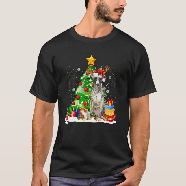 Greyhound Reindeer Christmas Lights  Dog Xmas T Shirt (Framsida)