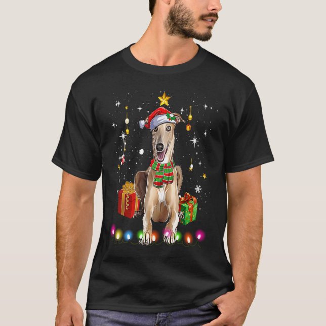 Greyhound Santa Funny Christmas Tree Lights Xmas P T Shirt (Framsida)