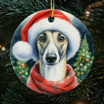 Greyhound Santa Hat Watercolor jul Julgransprydnad Keramik<br><div class="desc">Cute Watercolor Greyhound Wearing a Santa Hat jul Ornament with vintage tones and a Julgran in the bakgrund. Perfektens gåva till älskare.</div>