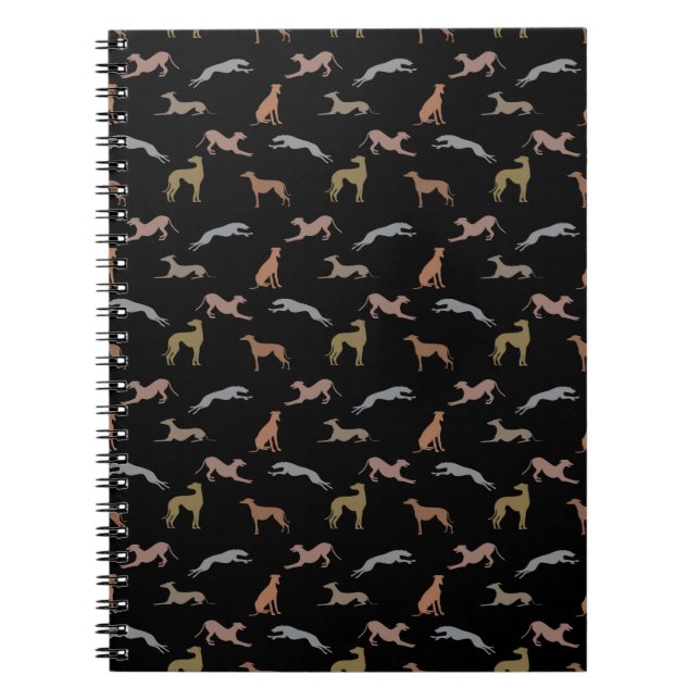 Greyhound Silhouettes Metallic Shades on Black Anteckningsbok (Framsidan)