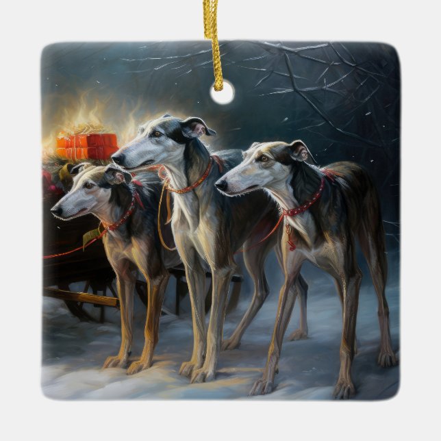 Greyhound Snowy Sleigh-juldekretet Julgransprydnad Keramik (Framsida)