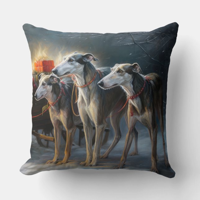 Greyhound Snowy Sleigh-juldekretet Kudde (Framsida)
