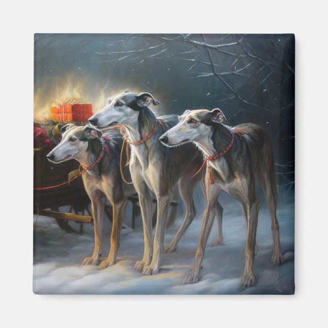 Greyhound Snowy Sleigh-juldekretet Magnet (Framsidan)
