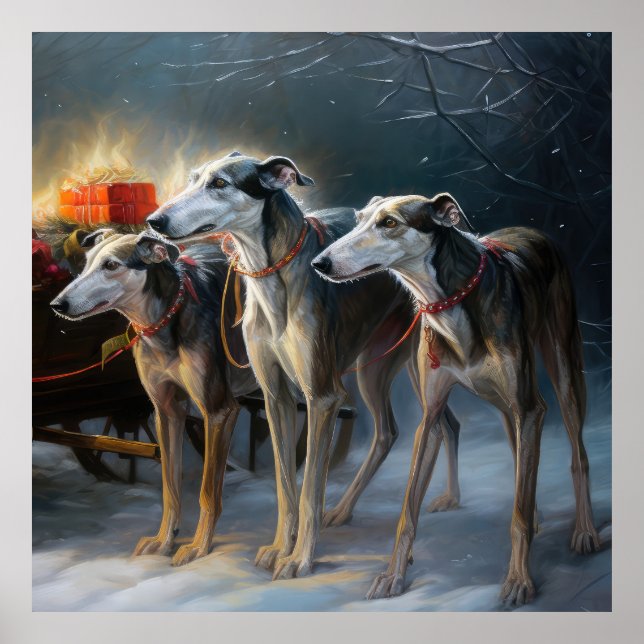 Greyhound Snowy Sleigh-juldekretet Poster (Framsidan)