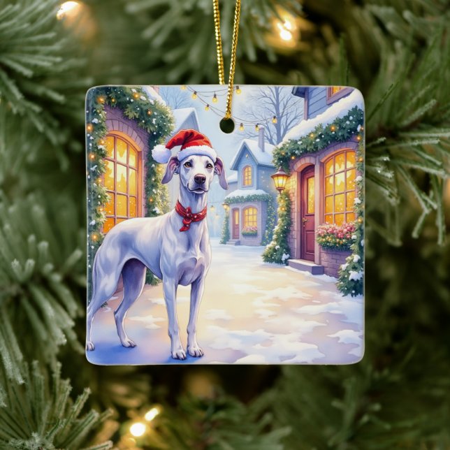 Greyhound Snowy Village Santa Hat Christmas Art Julgransprydnad Keramik (Träd)