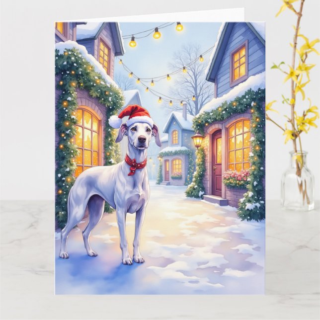 Greyhound Snowy Village Santa Hat Christmas Art Kort (Gul blomma)