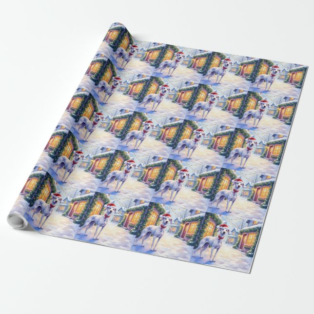 Greyhound Snowy Village Santa Hat Christmas Art Presentpapper (Utrullad)