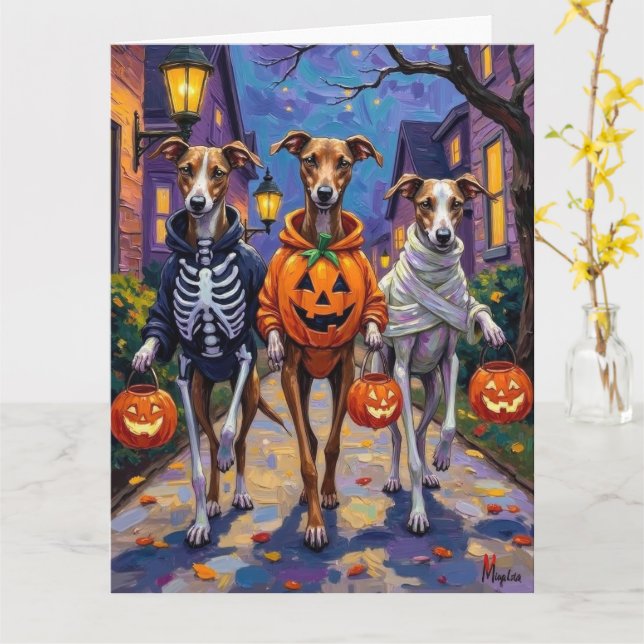 Greyhound Trick-or-Treating in Halloween Costumes Kort (Gul blomma)