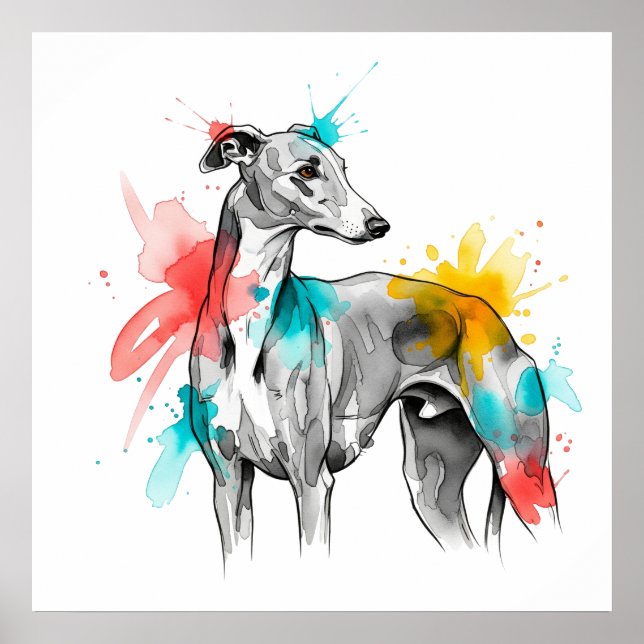Greyhound Watercolor Bläck Stänk Illustration Poster (Framsidan)