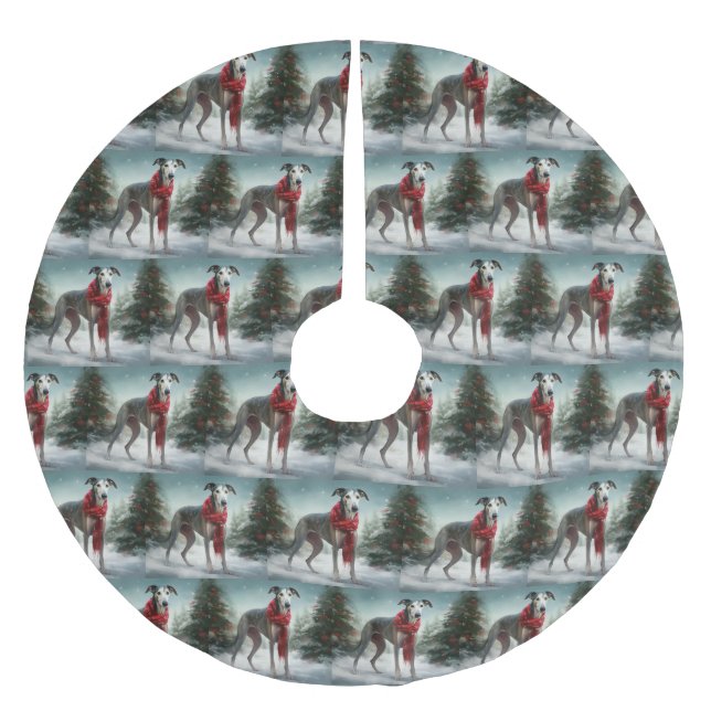 Greyhoundhund i snö jul  julgransmatta borstad polyester (Framsidan)