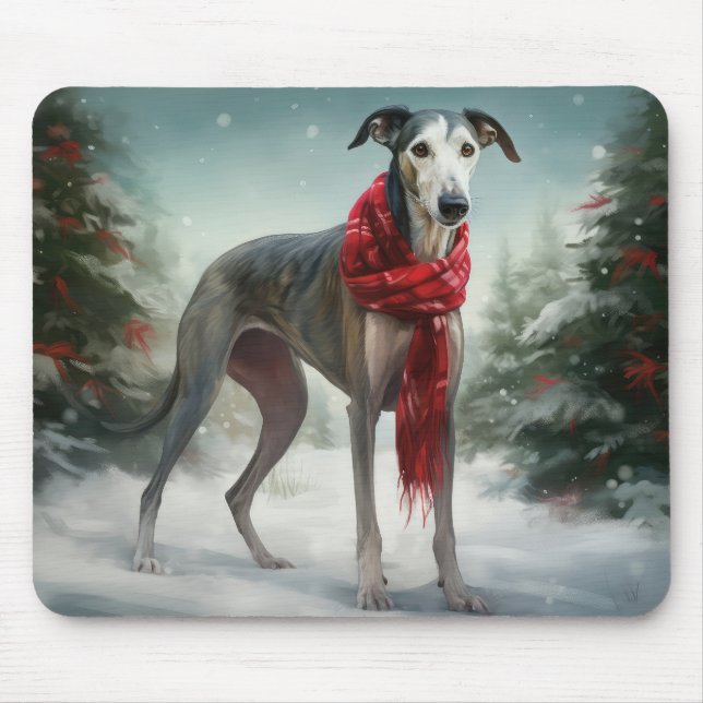 Greyhoundhund i snö jul  musmatta (Framsidan)