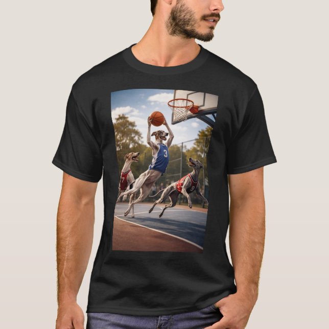 Greyhounds playing basketball t shirt (Framsida)