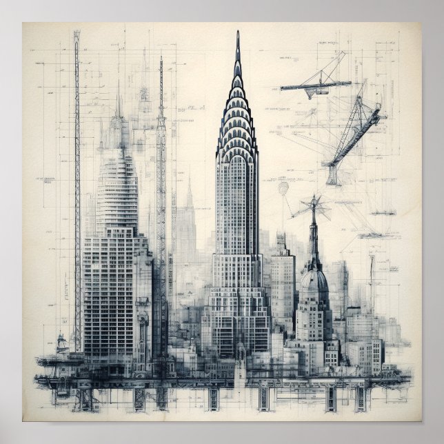 Greyscale Byggnad Blueprint Poster (Framsidan)