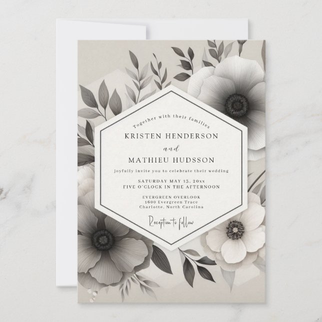 Greyscale Ink Wash Anemone Wedding Inbjudningar (Framsida)