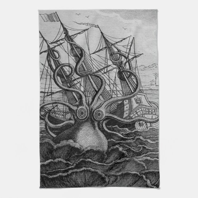 Greyscale Kraken Kitchen Towel Kökshandduk (Vertikal)