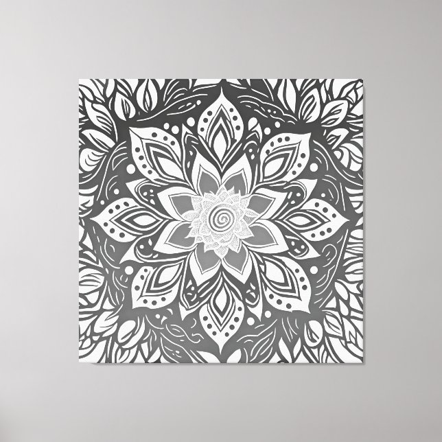 Greyscale Mandala Flower in Black and white Canvastryck (Framsida)