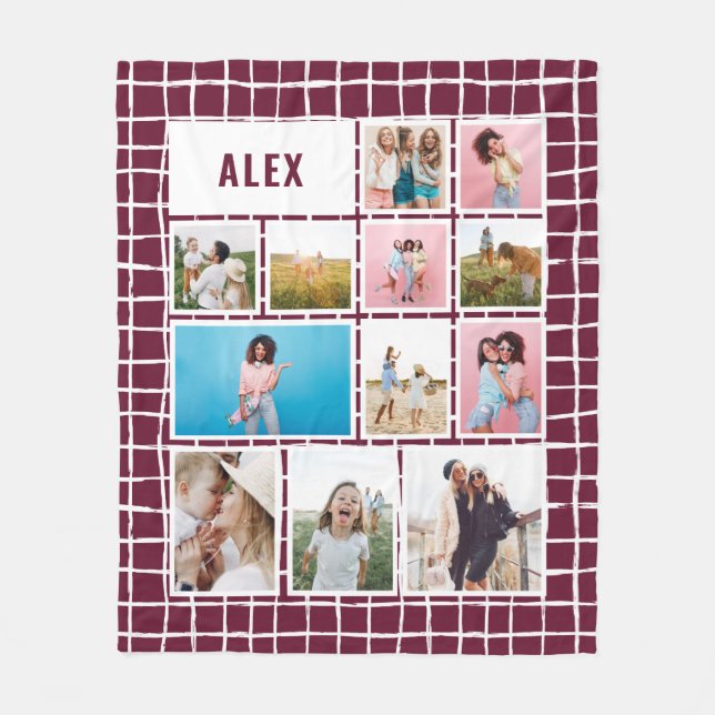 Grid Burgundy 12-fotomodern minimal abstrakt Fleecefilt (Framsidan)