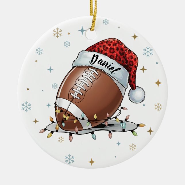 Gridiron Glow: Football with Santa Hat  Julgransprydnad Keramik (Framsidan)