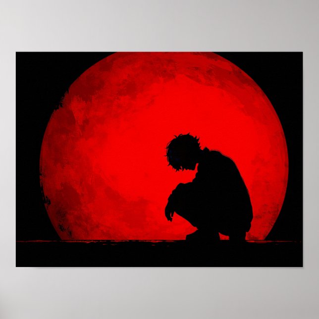 Grieving Man Silhouette Against Textured Red Moon  Poster (Framsidan)