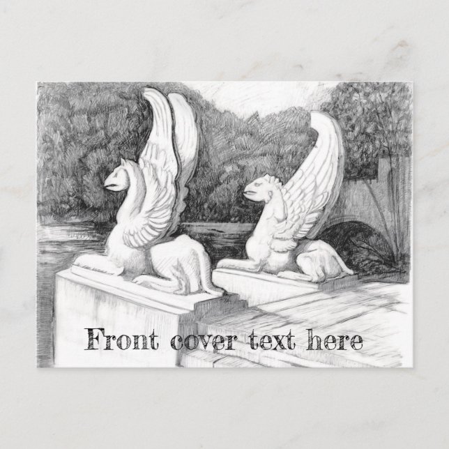 Griffinskulpturer, monokroma pennkonst vykort (Framsida)