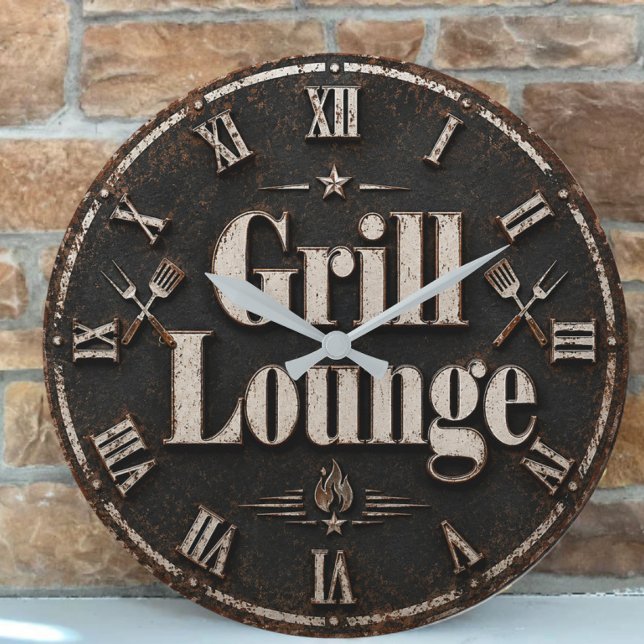 Grill Lounge Rustic BBQ Man Cave Grill Master Gift Stor Klocka (Skapare uppladdad)