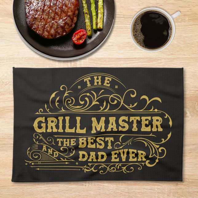 Grill Master och Best Pappa Aldrig Fars dag Black Kökshandduk (In situ)