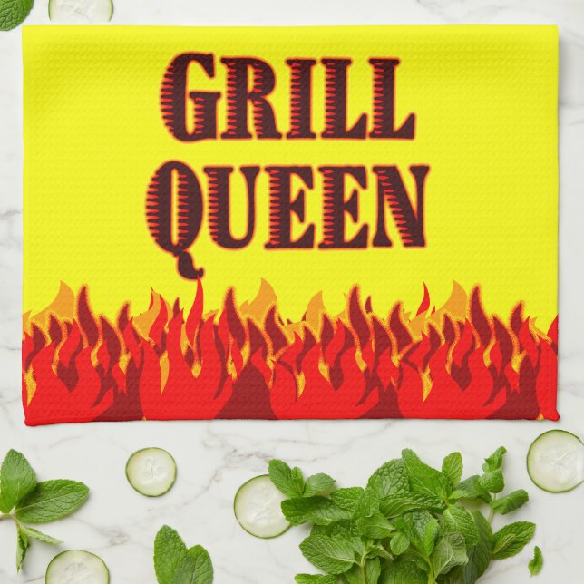 Grill Queen Red Flames BBQ Gult Kitchen Towel Kökshandduk (Vikta)