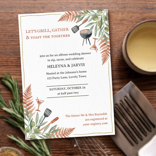 Grill Sammankomst Toast Martini Bröllopsfest Inbjudningar (Simple Grill & Gather invite - from Couples Shower Invitation collection by Darling & May)