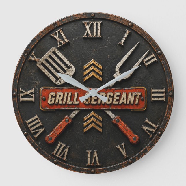 Grill Sergeant Funny BBQ Grill Master Man Cave  Stor Klocka (Framsida)