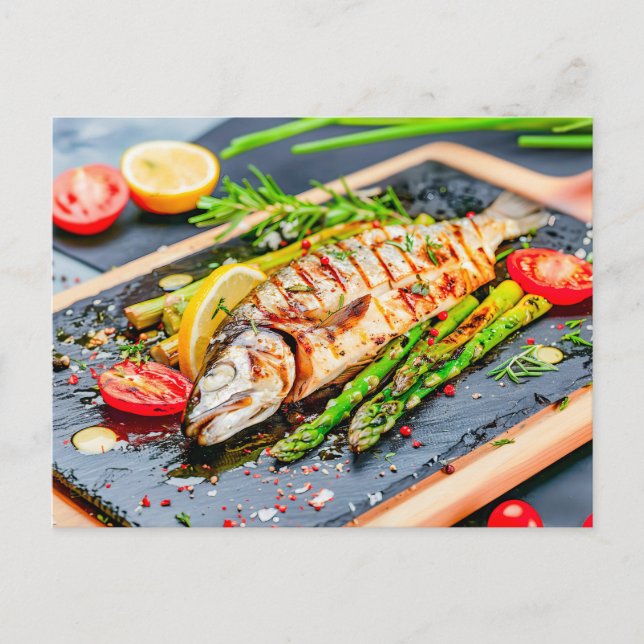 Grillad fisk med Asparagus och Tomater Helg Vykort (Framsida)