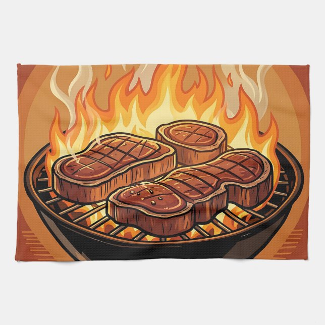 Grillande Stekar BBQ Flammor Kökshandduk (Horisontell)