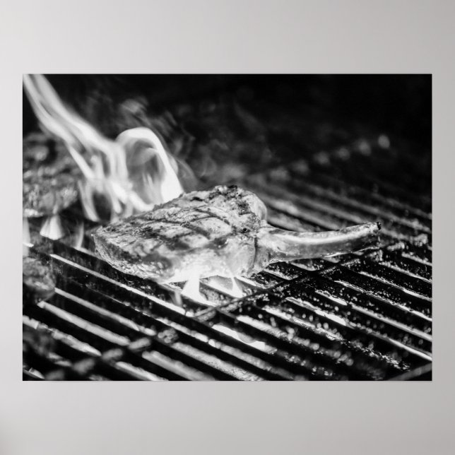 Grilled Tomahawk Steak on Flaming BBQ Grill Poster (Framsidan)