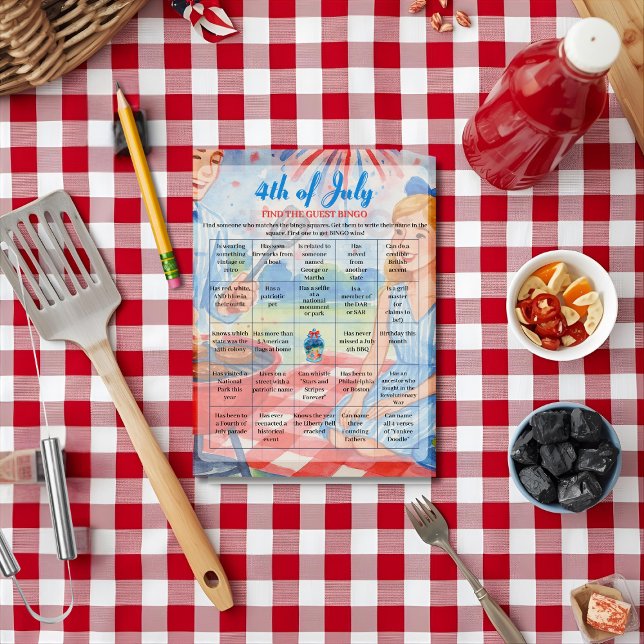 Grillfest 4:e Juli Bingo spelkort Julkort (BBQ Cookout 4th of July Bingo game card)