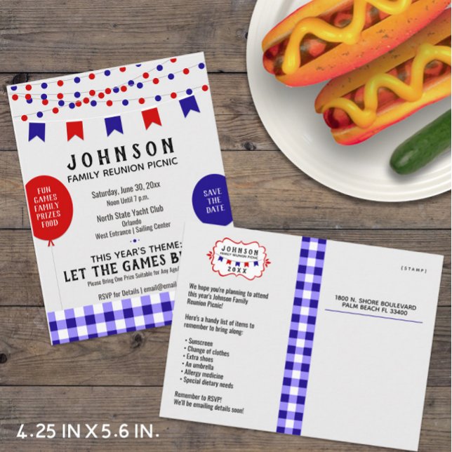 Grillfest för blåttpicknickparty | •, Möte •, Meddelande Vykort (Budget-Friendly Family Reunion / Summer Picnic Postcard Invitation -- Customize It Now!)