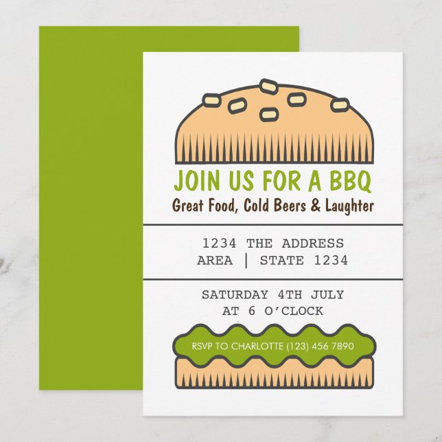 Grillfest Stor Hamburgare Bulle I Grönt Inbjudningar (Fram/baksida)