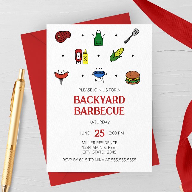 Grillikoner Festinladan Inbjudningar (Modern Minimalist Backyard Barbecue Line Icons Summer Party Invitation)