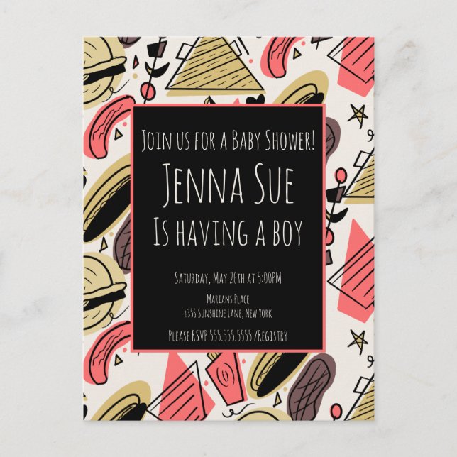 Grilling Summer BBQ Doodles Baby Shower Vykort (Framsida)