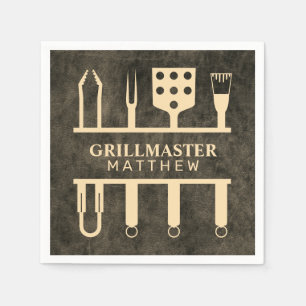 Grillmästare Faux Läder Namn Klassiska BBQ-verktyg Pappersservett