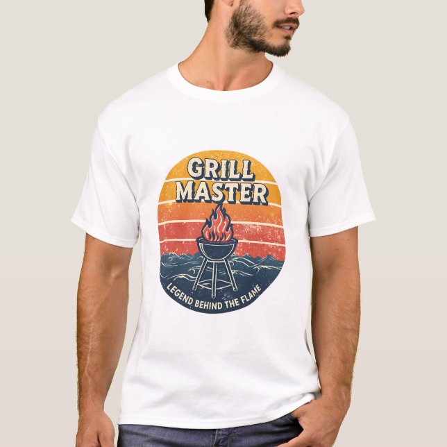 Grillmästare Legend Bakom Flammorna  Retro Solnedg T Shirt (Framsida)