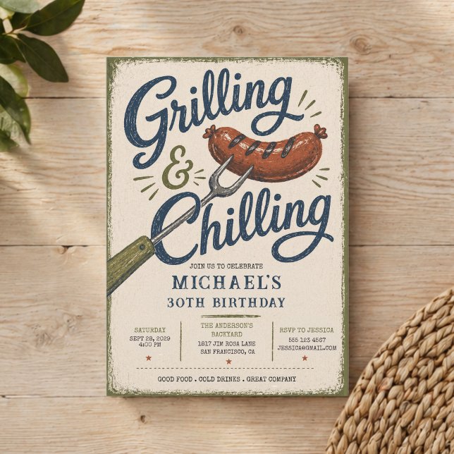 Grillning & Chilling BBQ 30-årsfest Inbjudningar (Grilling & Chilling BBQ 30th Birthday Invitation)
