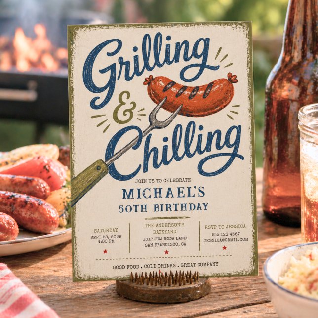Grillning & Kyla BBQ 50-årsfirande Inbjudningar (Grilling & Chilling BBQ 50th Birthday Invitation)