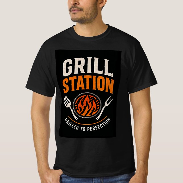 🔥 Grillstation Burger Restaurang Matlagning Besät T Shirt (Framsida)