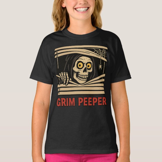 Grim Peeper Funny Skeleton Halloween Pun Tee (Framsida)