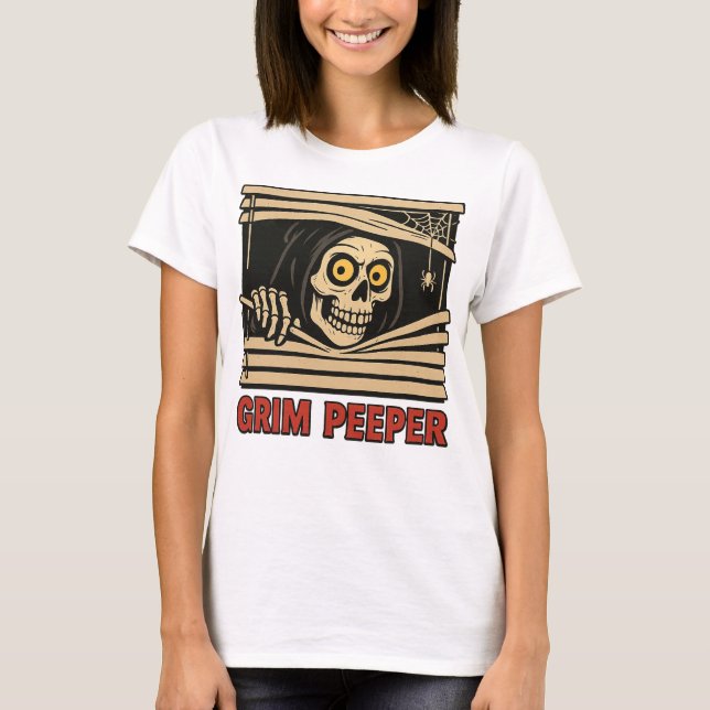 Grim Peeper Funny Skeleton Halloween Pun Tee (Framsida)